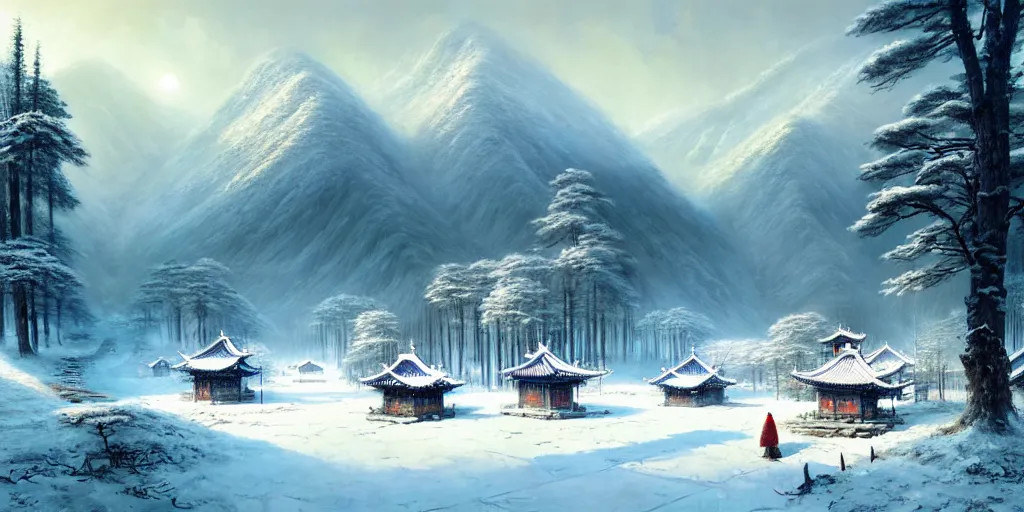 Image similar to beautiful chinese forest and a alaskan tundra snow covered landscape, with a quant village peaceful painted by greg rutkowski, makati shinkai, james gurney, wlop