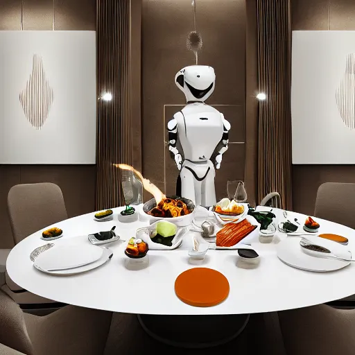 Prompt: three large white glossy kuka industrial robot having a dinner party inside a fancy dining room around a dinner table full of food with retro modern furniture and decor, global illumination, artstation, fantasy, volumetric light