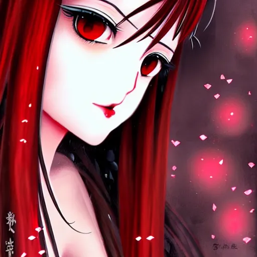 Image similar to beautiful seductive female goddess, in the rain, highly detailed, painting, dark red and black color palette, intricate, high quality anime artstyle, in the style of sana takeda
