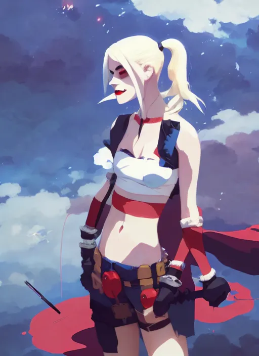 Image similar to portrait of harley quinn, cloudy sky background lush landscape illustration concept art anime key visual trending pixiv fanbox by wlop and greg rutkowski and makoto shinkai and studio ghibli