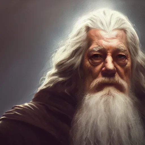 Image similar to a closeup portrait of gandalf, dramatic lighting, chiaroscuro, high detail, painted by greg rutkowski, painted by igor kieryluk, painted by bobby chiu, trending on artstation