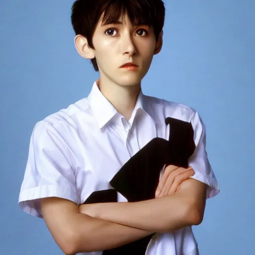 Image similar to Shinji Ikari from Neon Genesis Evangelion, live action, portrait shot,