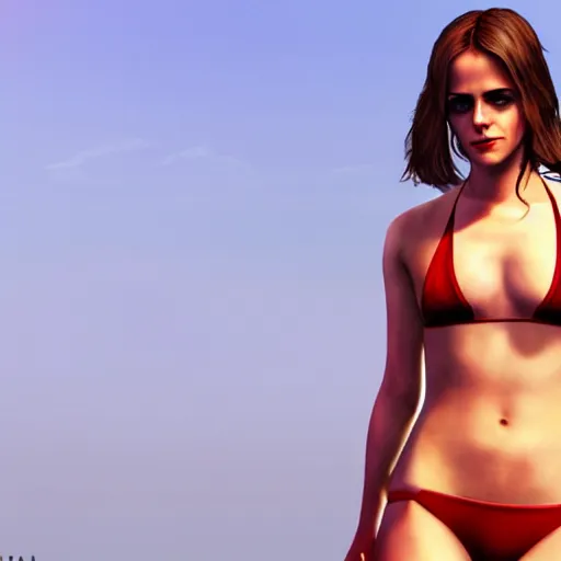 Image similar to emma watson in red bikini in gta v, cover art by stephen bliss, artstation, no text