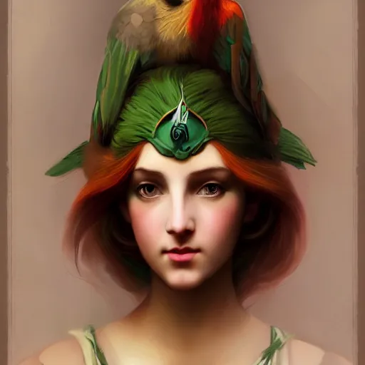Prompt: a beautiful stunning fantasy whimsical matte digital portrait illustration of a pretty womam with bright green eyes and fiery red hair with a green bird on her shoulder, in the style of William Adolphe-Bouguereau and Marc Simonetti, magic the gathering, trending on artstation, contest winner