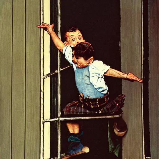 Image similar to close up portrait of dwarf jumping from window by norman rockwell, illustration, 5 0 mm lens,