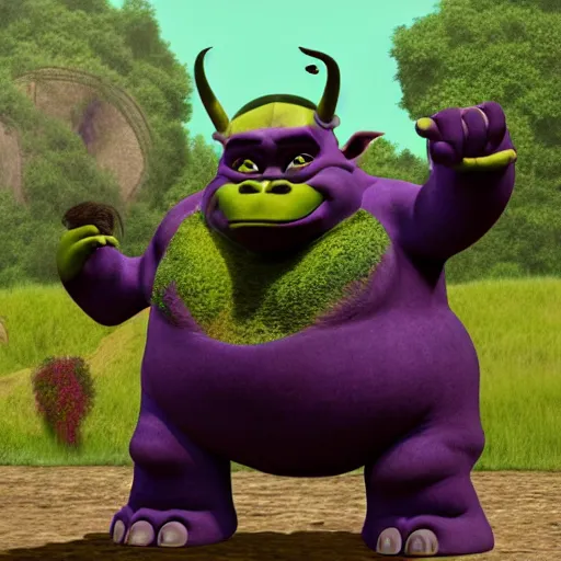 Image similar to monster hybrid of a donkey, elephant, big foot, hippo, and a little shrek, dark purple colored skin, film still