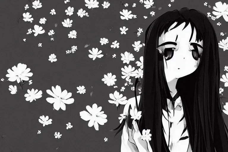 Prompt: “Extremely distraught black and white anime girl dramatically crying with flowers petals being blown around her by a violent wind, black and white”