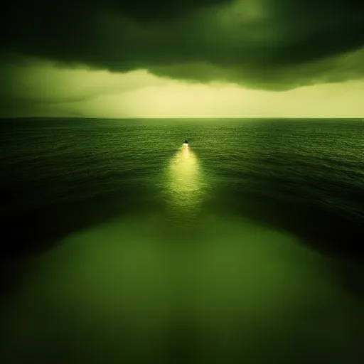 Prompt: in the style of Mikko Lagerstedt, Lovecraftian, ocean, night, Chtulhu green eyes, storm, lighting