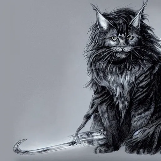 Prompt: Kahjit with Maine Coon traits, with black fur, holding two swords and cloaked in shadows, fantasy, in the style of Seb Mckinnon.