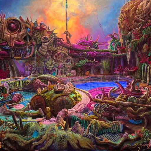 Prompt: the swimming pool of terror, on ancient post - apocalyptic planet, jim henson creature shop, vivid and colorful, thomas kincaid, cinematic, oil painting, highly detailed, illustration