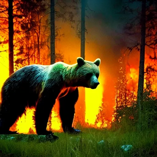 Prompt: lone bear in a forest on fire, dramatic lighting, night, realistic,