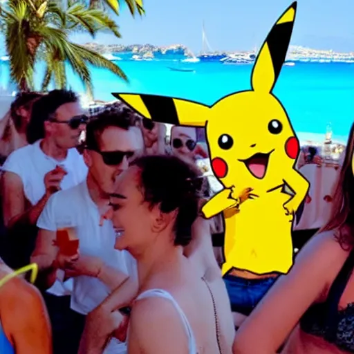 Prompt: a drunk pikachu partying in ibiza