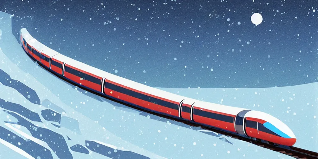 Prompt: A supersonic maglev train in North Pole riding though snow, cold, snowy, art by James Gilleard, James Gilleard artwork