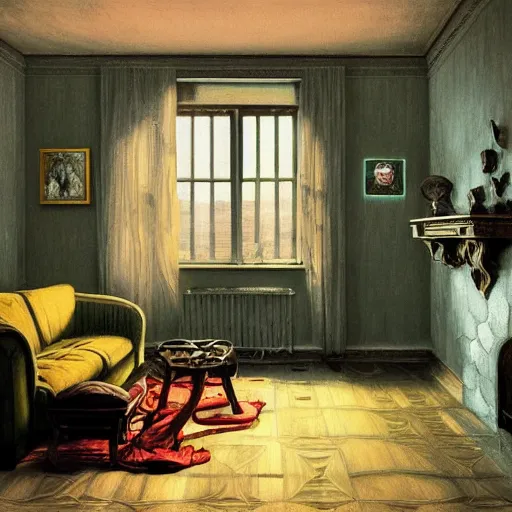 Image similar to hyper detailed 3d render like a Oil painting - the lonely living room, bored batman, light and shadow, by Jacek Yerka, Mariusz Lewandowski, Houdini algorithmic generative render, Abstract brush strokes, Masterpiece, Edward Hopper and James Gilleard, Zdzislaw Beksinski, Mark Ryden, Wolfgang Lettl, hints of Yayoi Kasuma, octane render, 8k