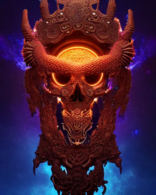 Image similar to 3 d ornate carved dark cosmic warrior with profile portrait, sigma 5 0 0 mm f / 5. beautiful intricate highly detailed quetzalcoatl skull. bioluminescent, plasma, lava, ice, water, wind, creature, thunderstorm! artwork by tooth wu and wlop and beeple and greg rutkowski, 8 k trending on artstation