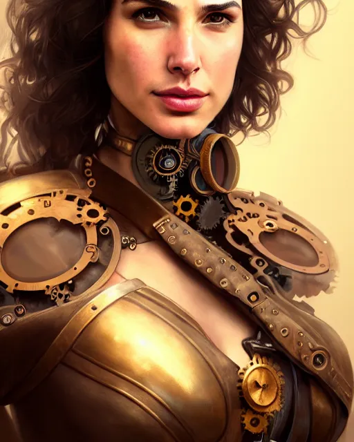 Image similar to steampunk portrait of gal gadot, au naturel, hyper detailed, digital art, trending in artstation, cinematic lighting, studio quality, smooth render, unreal engine 5 rendered, octane rendered, art style by klimt and nixeu and ian sprigger and wlop and krenz cushart.
