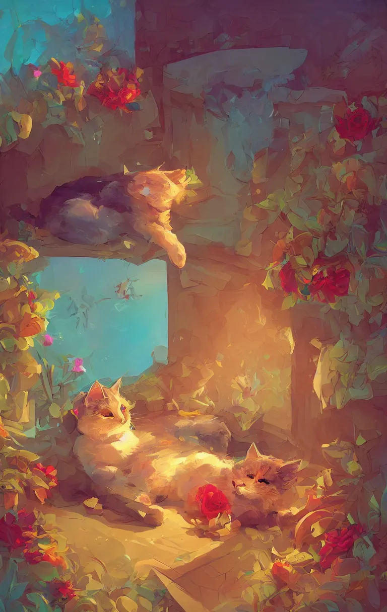 Image similar to a digital art of a cat sleeping in the room with flowers around in the afternoon, the sun shines in, animal, light effect, highly detailed, by anton fadeev