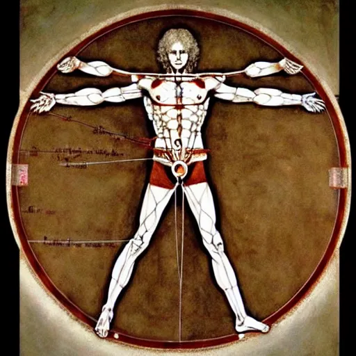 Image similar to super sentai vitruvian man by leonardo da vinci and james jean, renaissance