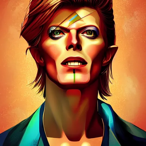 Image similar to handsome portrait of a david bowie posing, radiant light, caustics, war hero, style of vento aureo cover art, style of stone ocean cover art, style of steel ball run cover art, ilya kuvishinov style, illustrated by hirohhiko araki