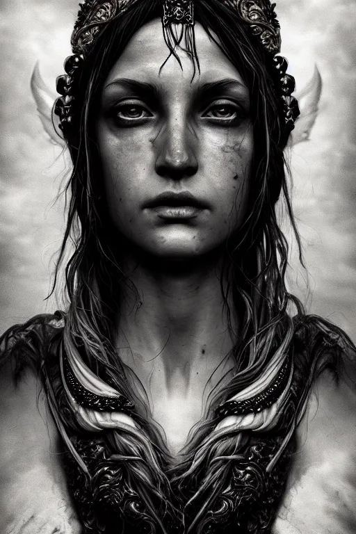 Prompt: a stunning portrait of the goddess of feast and famine, ominous, cinematic shot, realistic, photography, photorealisic, fantasy, ornate, intricate detail, epic, high definition, 8 k, midjourney, artstation