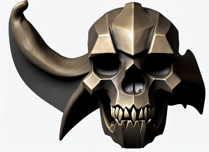 Prompt: tusked damaged brushed metal skull mask, stylized stl, 3 d render, activision blizzard style, hearthstone style, darksiders art style