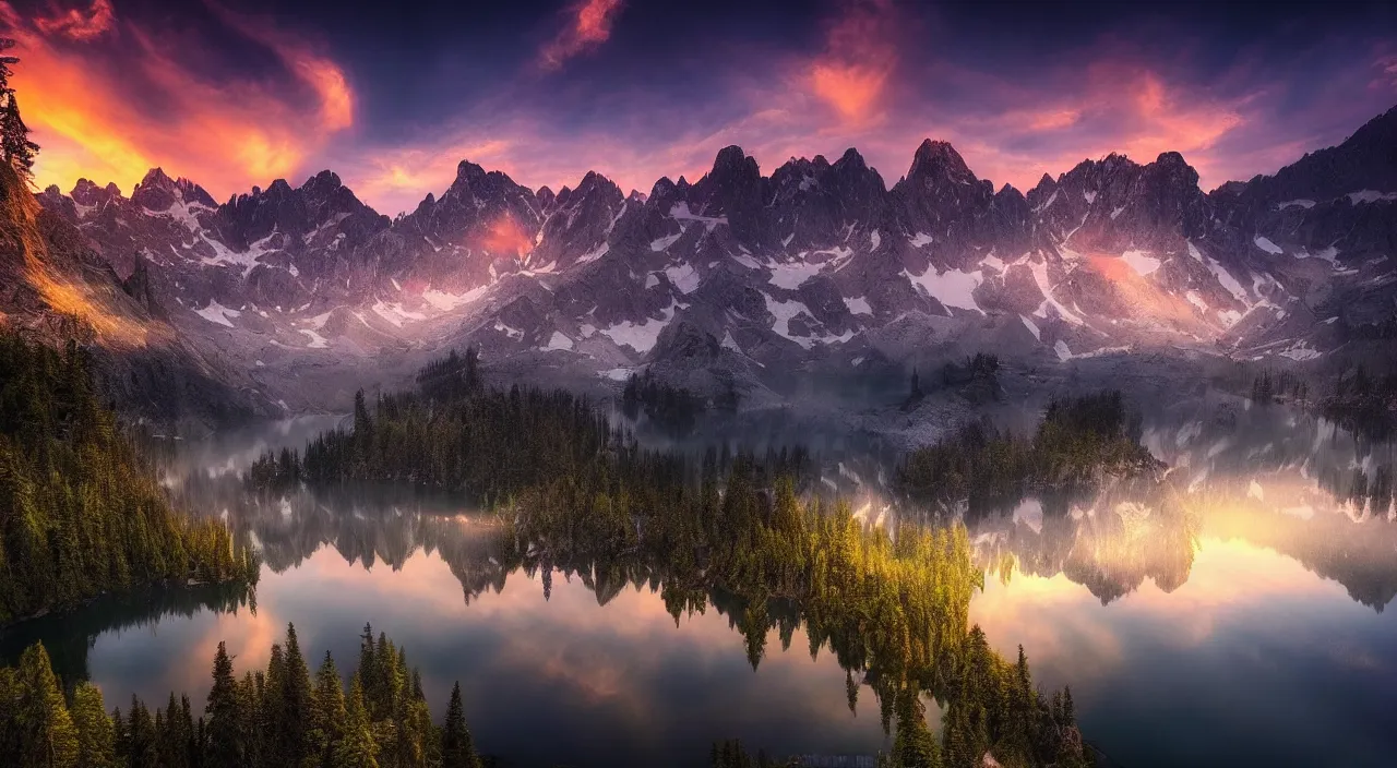 Image similar to amazing landscape photo of mountains with lake in sunset by marc adamus, beautiful dramatic lighting