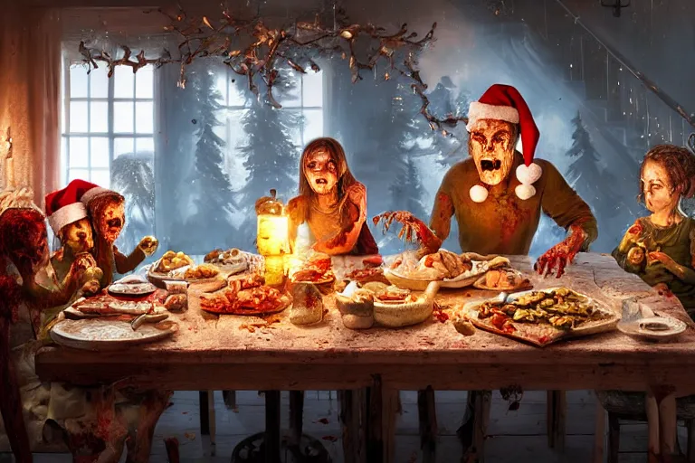 Image similar to a zombie family christmas dinner, hyper realistic, ambient lighting, concept art, intricate, hyper detailed, smooth, dynamic volumetric lighting, octane, cinematic