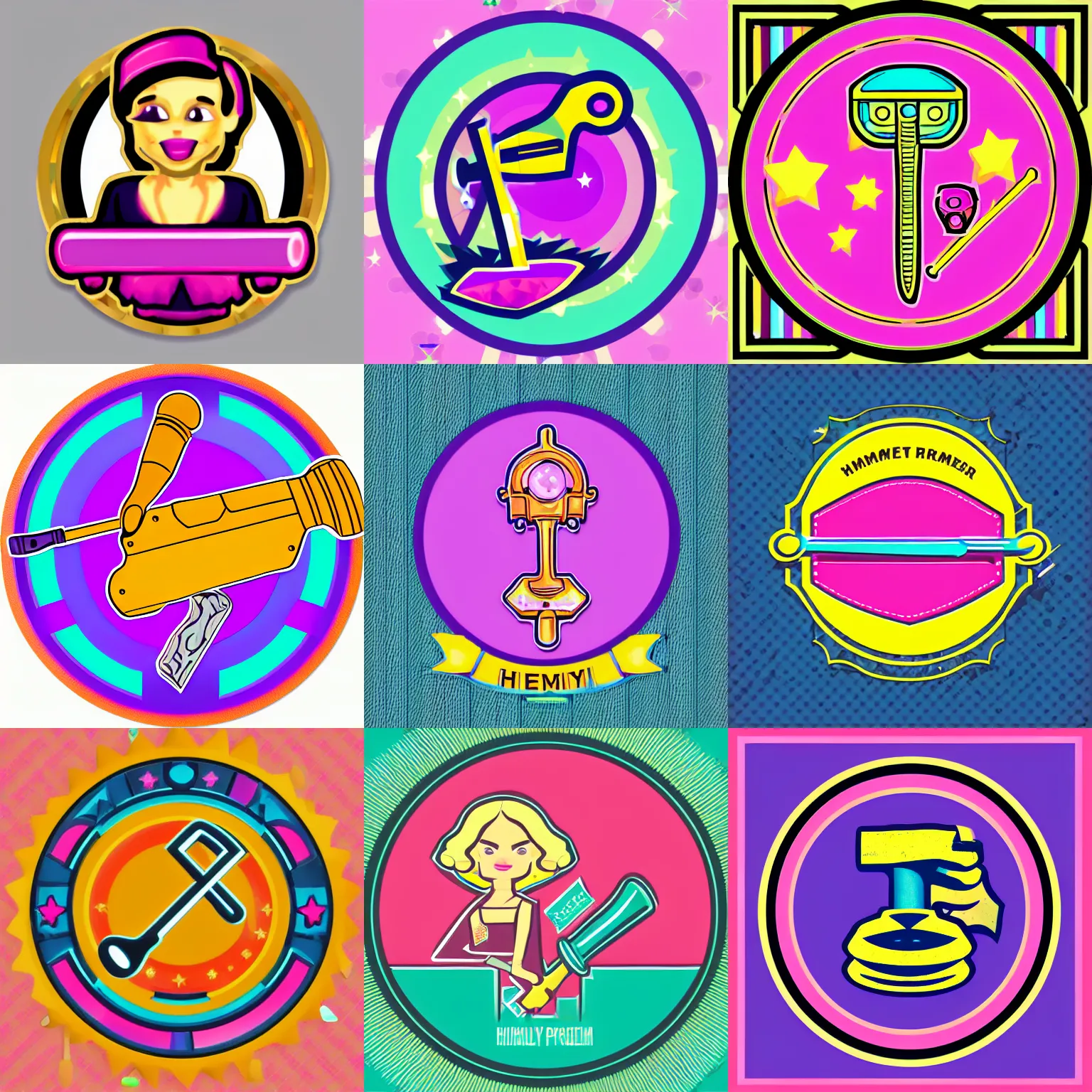 Prompt: 🔨 girly proletarian hammer icon designed by lisa frank, vector graphics forum badge, svg, symmetrical, transparent background, cute, metal, enamel, cloissonne, vintage, guilloche, gem stones, gilt, swarovski, circular