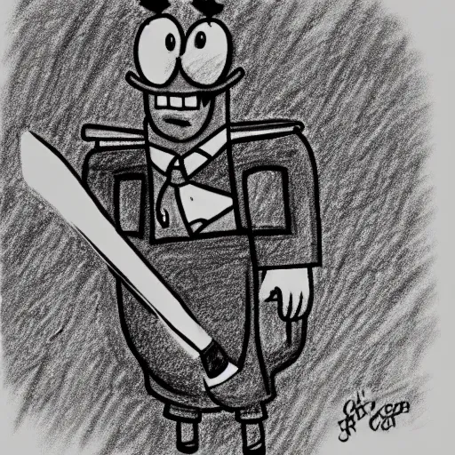 Image similar to sketchy crayon drawing of spongebob squarepants holding a kitchen knife, childish rough sketch, accurate