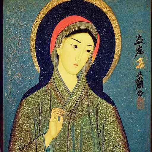 Image similar to portrait of 2 asian looking girls in iconography style andrei rublev glitter chinese ornament background