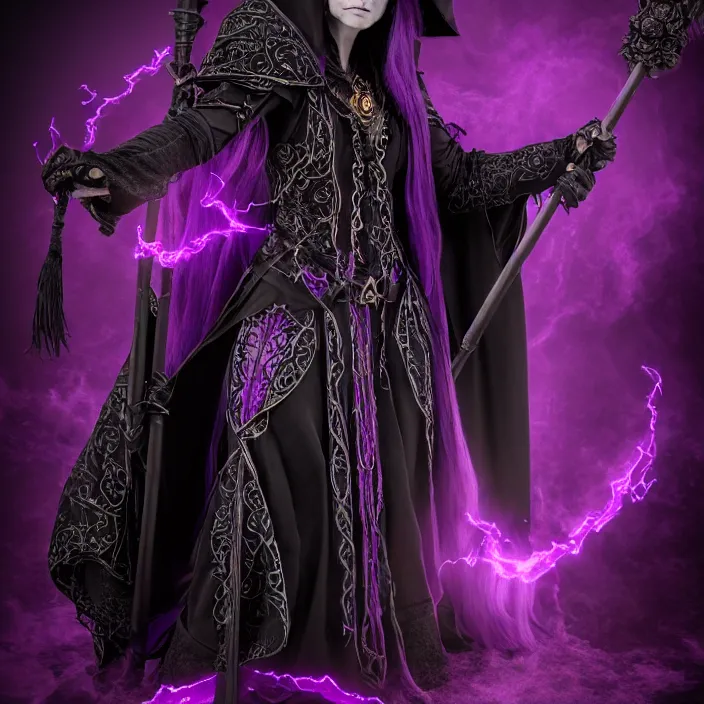 Image similar to photograph of a real - life beautiful! elemental darkness witch with ornate black and purple robes and staff. extremely detailed. 8 k