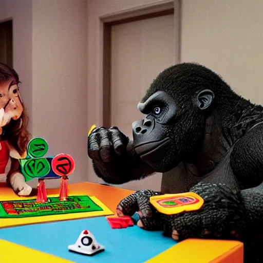 Image similar to godzilla and kong playing uno