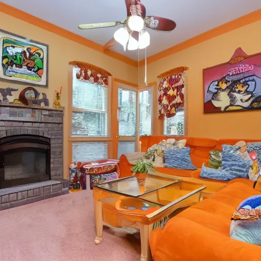 Prompt: photo of interior of a silly garfield themed house