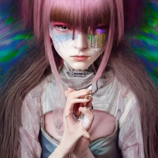 Image similar to Ethereal, mysterious stunning maximalist adorable cyberpunk girl named Lain (Serial Experiments Lain) from the rainbow sky paradise, high-tech, professional high fashion model photo shoot, hyperdetailed by Mark Ryden and artgerm and Hiroyuki-Mitsume Takahashi, 35mm macro shot, hyperrealism, 8k resolution 3D