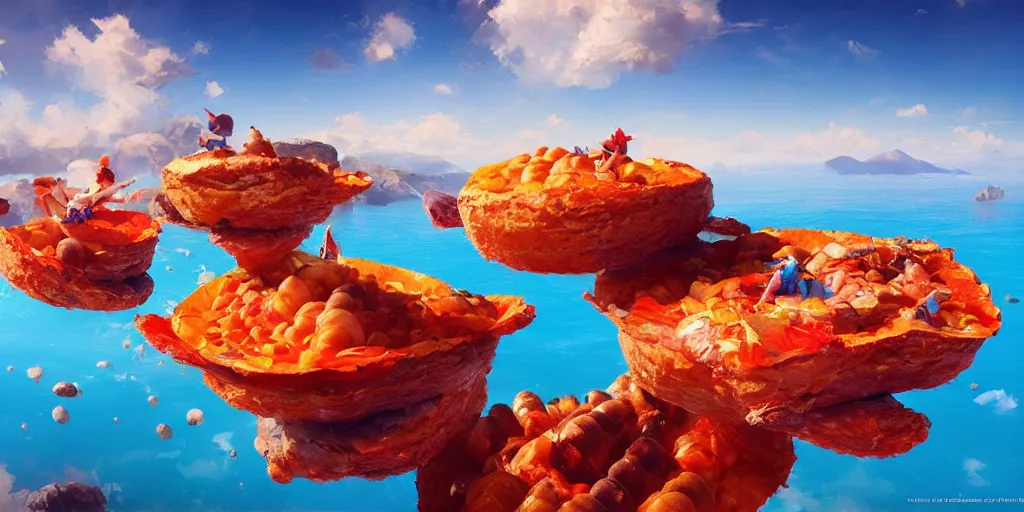 Image similar to Floating spanish paellas over a blue ocean, Darek Zabrocki, Karlkka, Jayison Devadas, Phuoc Quan, trending on Artstation, 8K, ultra wide angle, pincushion lens effect.