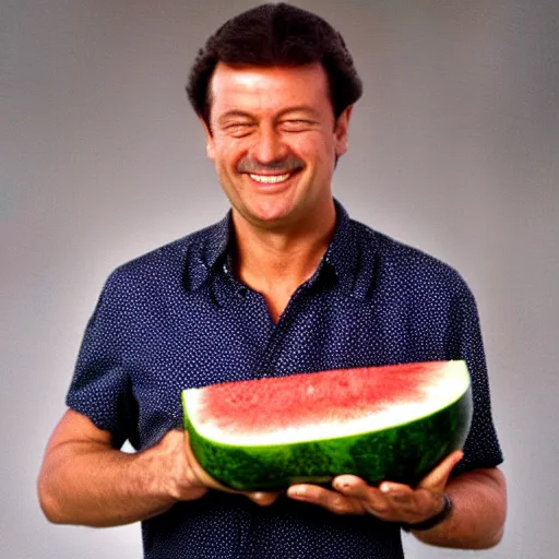 Image similar to recep tayyip smiling holding watermelon for a 1 9 9 0 s sitcom tv show, studio photograph, portrait c 1 2. 0