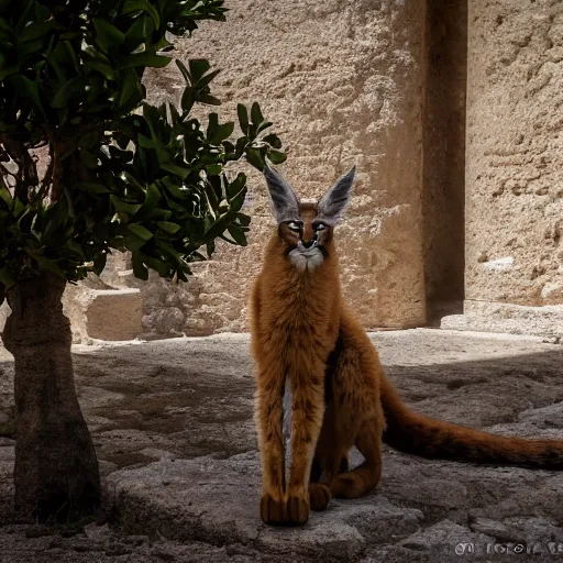 Prompt: a cinematic film still of a claymation stop motion film starring cute fluffy caracal near wooden barrel, ancient greek city, marble temple columns, olive trees, shallow depth of field, 8 0 mm, f 1. 8