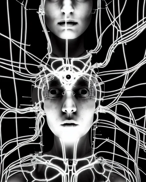 Image similar to black and white artistic photo, young female cyborg - plant goddess, microchip, artificial intelligence, bio - mechanical bio - luminescence, black wired cables, cinematic, rim light, photo - realistic, 8 k, in the style of dora maar and h. g. giger