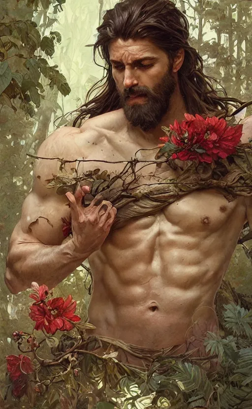 Image similar to god of the forest, 3 0 years old, rugged, male, gorgeous, detailed face, amazing, thighs!!!!!!, flowers, muscular, intricate, highly detailed, digital painting, artstation, concept art, sharp focus, illustration, art by greg rutkowski and alphonse mucha