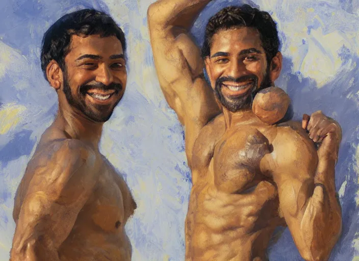 Image similar to a highly detailed beautiful portrait of a short brown haired brown skinned genie, with abs, smiling, by gregory manchess, james gurney, james jean