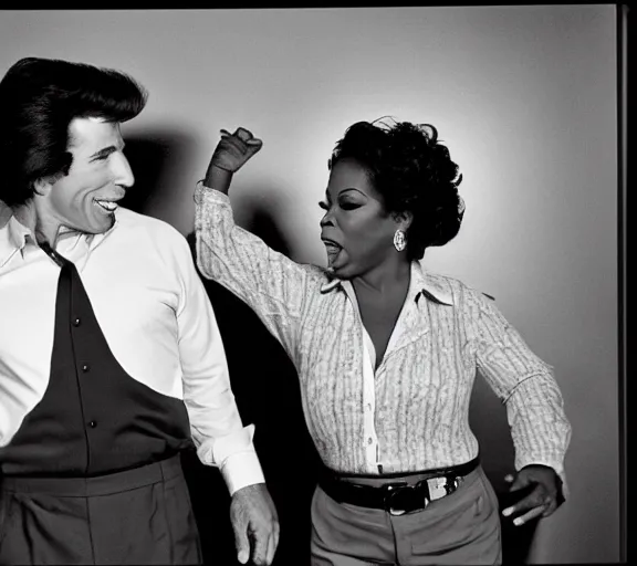 Image similar to john travolta and Oprah Winfrey doing whip-it’s, photograph by Dorothea Lange