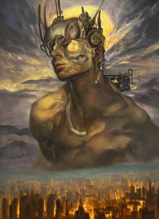 Prompt: biblical mechanical daemon sitting slayed, in clouds over a city, sunset, big eyes, portrait by mikhail vrubel, studio lighting, muted colors, by frank frazetta, extreme detail, reflections, trending on artstation, 8 k