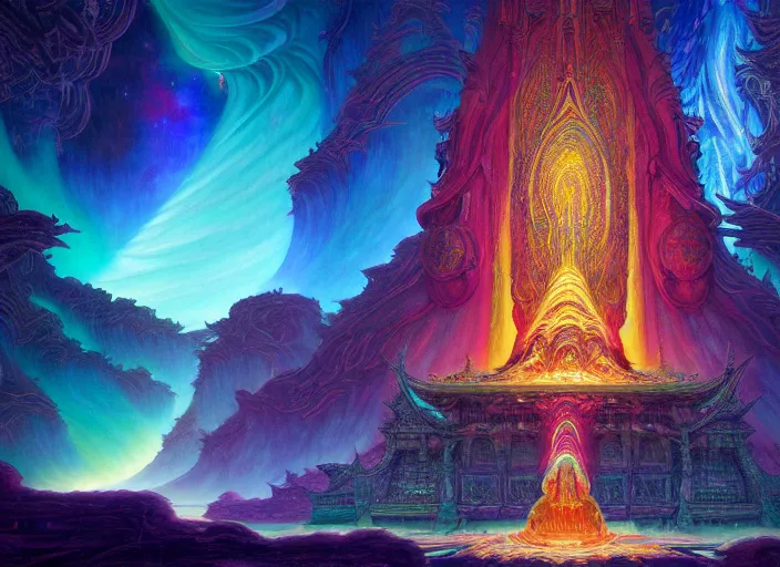Prompt: a beautiful painting of a large warlock shrine shrouded by mystic nebula magic in an endless temple library by moebius and android jones, galactic waterfalls, oil on canvas sharp, details, hyper - detailed, hd, hdr, 4 k, 8 k