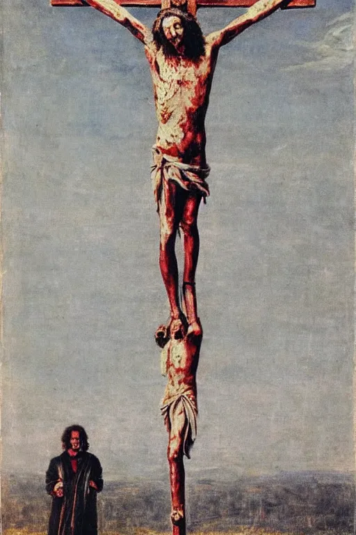 Image similar to bloody christ crucified and a huge ufo in the sky painted by cy twombly and andy warhol
