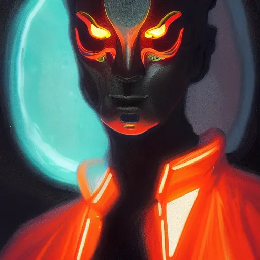 Prompt: phantom starring into the camera, fixed eyes, flowing black coat with glowing neon orange trim, inside a museum, colorful, surreal, dramatic lighting, face, detailed, intricate, elegant, highly detailed, digital painting, artstation,, concept art, smooth, sharp focus, illustration, art by sam spratt, dan mumford, artem demura and alphonse mucha