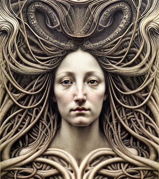 Image similar to detailed realistic beautiful equinox goddess face portrait by jean delville, gustave dore, iris van herpen and marco mazzoni, art forms of nature by ernst haeckel, art nouveau, symbolist, visionary, gothic, neo - gothic, pre - raphaelite, fractal lace, intricate alien botanicals, ai biodiversity, surreality, hyperdetailed ultrasharp octane render