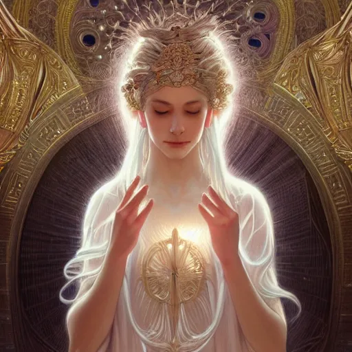 Image similar to goddess, white hair, long hair, hands spread out, accepting prayers, intricate, elegant, ethereal, highly detailed, digital painting, artstation, concept art, smooth, sharp focus, illustration, art by artgerm and greg rutkowski and alphonse mucha