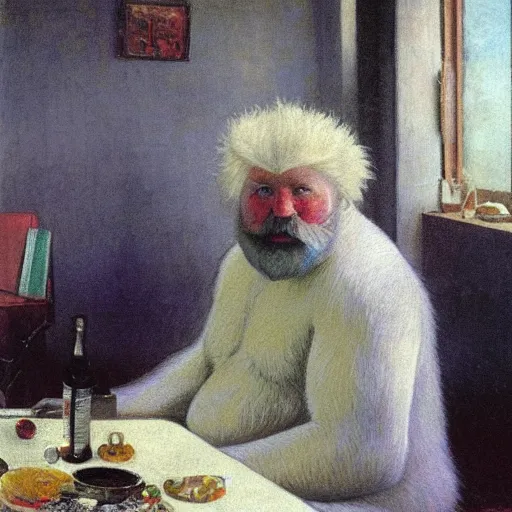 Prompt: portrait of a chubby bearded polar bear, white and silver hair, dressed in a plaid sweater, glowing with silver light, painting by Franz Marc, by Jean-Léon Gérôme, by Winsor McCay, today's featured photograph, 16K