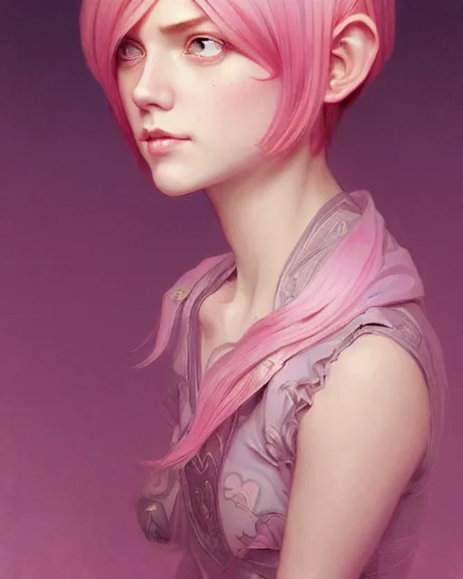 Prompt: portrait of pink layered bob half elf, intricate, elegant, highly detailed, digital painting, artstation, concept art, smooth, sharp focus, illustration, art by artgerm and greg rutkowski and alphonse mucha and uang guangjian and gil elvgren and sachin teng and wlop, symmetry