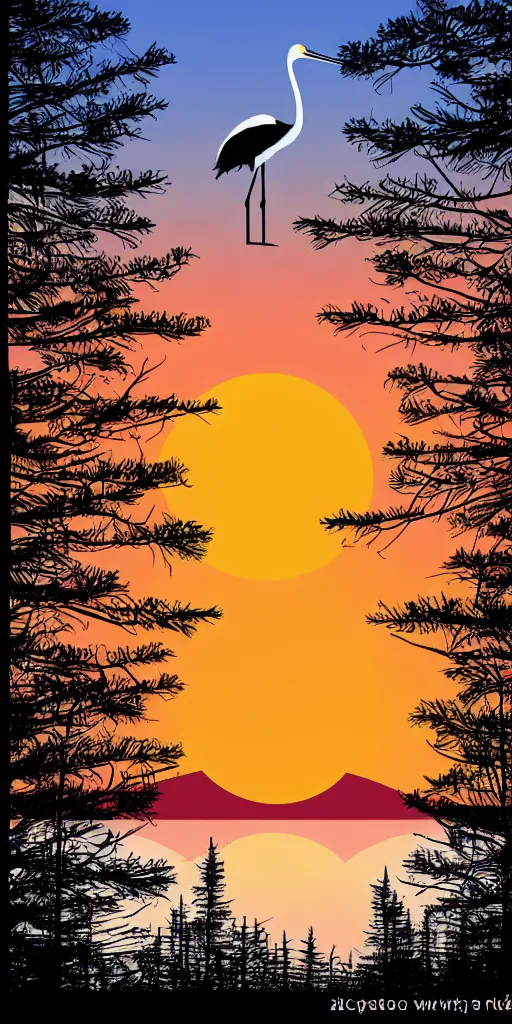 Prompt: a crane and a lake next to a forest of pines, big red sun in the background, logo design, fresh modern look, thick line art, made with photoshop,
